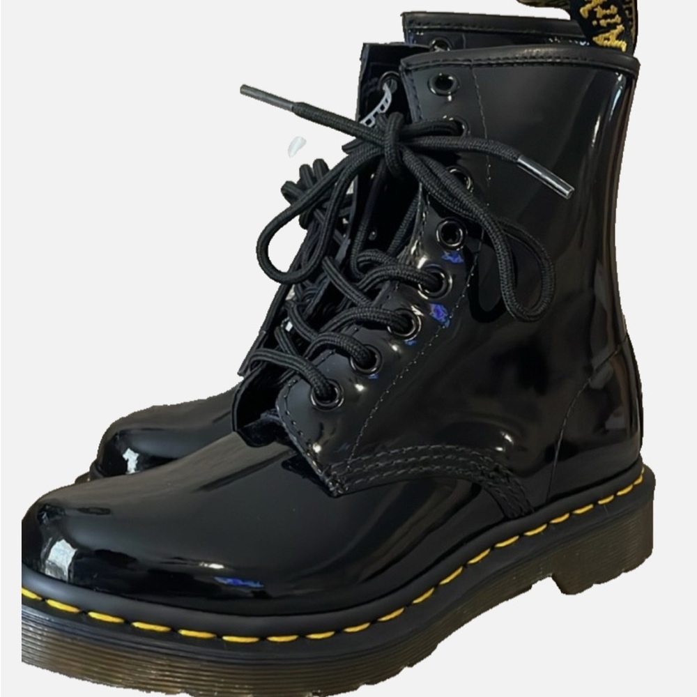 Dr. Martens Black Patent Leather Combat Boots with Yellow Stitching
